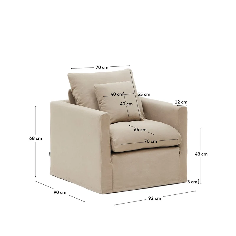 Nora Sessel mit abnehmbarem Bezug und Kissen aus Baumwolle und Leinen in Taupe 92 cm