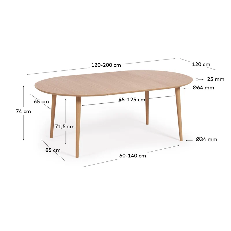 Oqui runder Ausziehtisch in Eichenfurnier und Beine aus Massivholz Ø 120 (200) x 120 cm