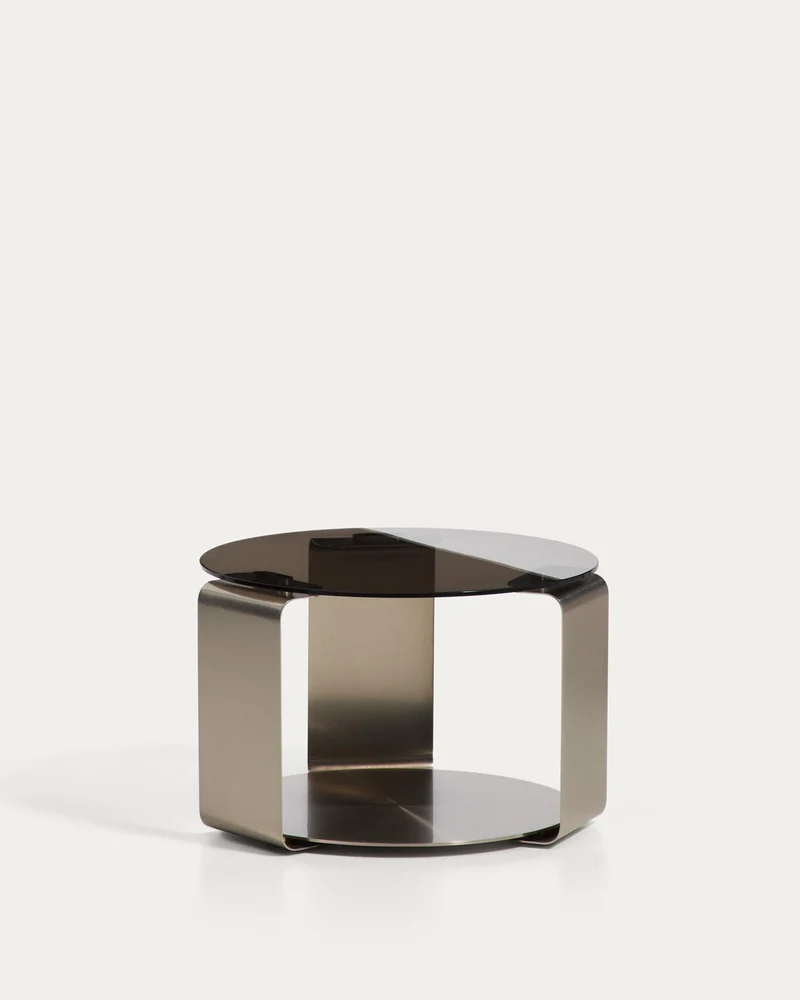 Couchtisch Dolven aus braunem Glas und gebürstetem Stahl, Ø 60 cm