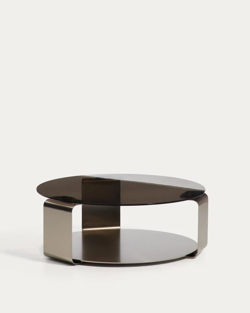 Couchtisch Dolven aus braunem Glas und gebürstetem Stahl, Ø 80 cm