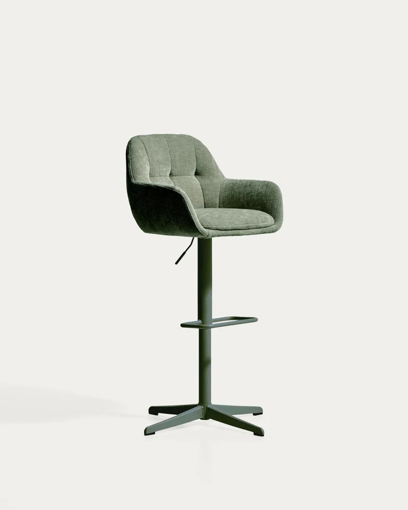 Drehhocker Dorina mit grüner Chenille und Stahlbeinen mit grünem Finish