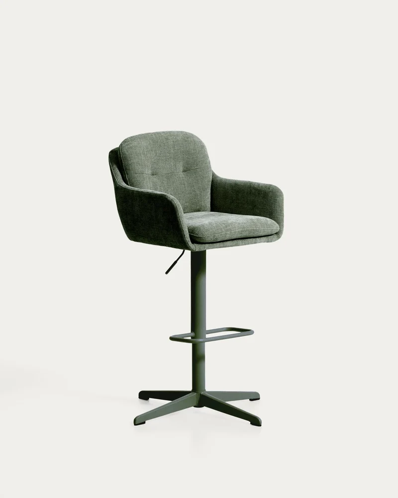Drehhocker Lexa mit grüner Chenille und Stahlbeinen mit grünem Finish