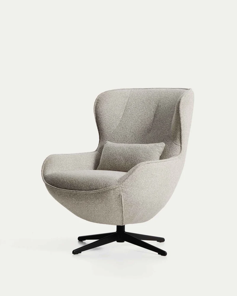 Drehsessel Sorile mit beiger Chenille und schwarz lackiertem Stahl, FSC 100 %