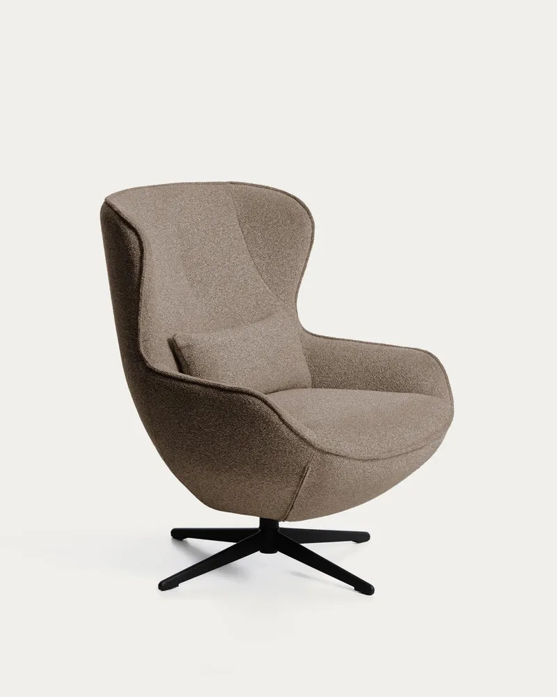Drehsessel Sorile mit brauner Chenille und schwarz lackiertem Stahl, FSC 100 %
