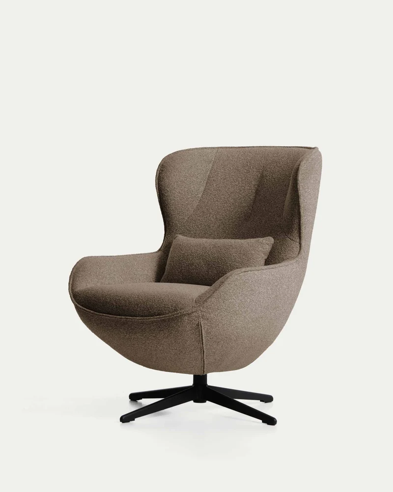 Drehsessel Sorile mit brauner Chenille und schwarz lackiertem Stahl, FSC 100 %