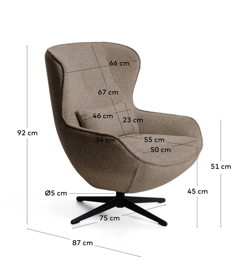 Drehsessel Sorile mit brauner Chenille und schwarz lackiertem Stahl, FSC 100 %
