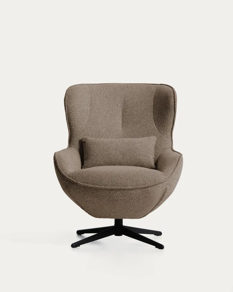 Drehsessel Sorile mit brauner Chenille und schwarz lackiertem Stahl, FSC 100 %