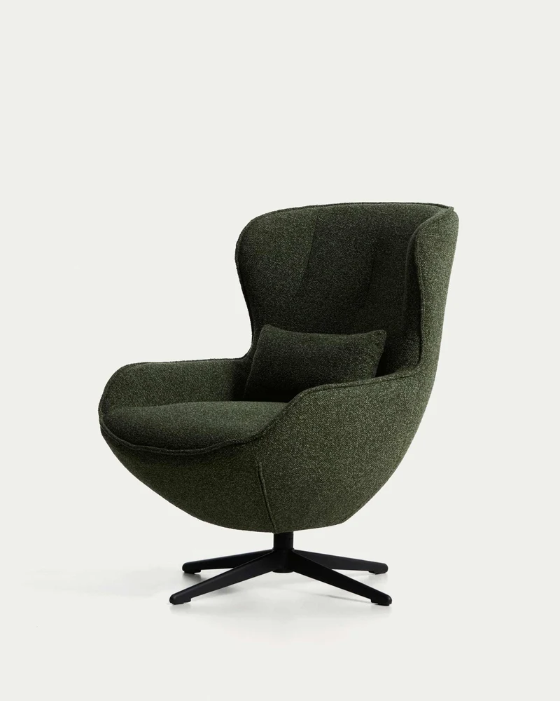 Drehsessel Sorile mit dunkelgrüner Chenille und schwarz lackiertem Stahl, FSC 100 %
