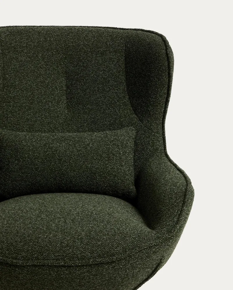 Drehsessel Sorile mit dunkelgrüner Chenille und schwarz lackiertem Stahl, FSC 100 %