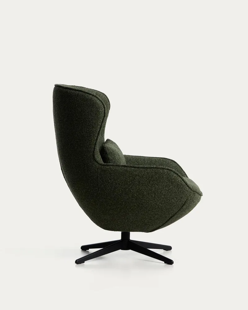 Drehsessel Sorile mit dunkelgrüner Chenille und schwarz lackiertem Stahl, FSC 100 %
