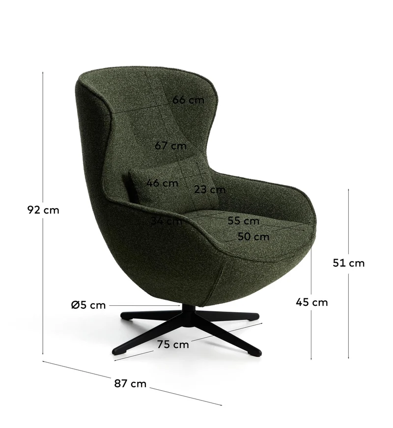 Drehsessel Sorile mit dunkelgrüner Chenille und schwarz lackiertem Stahl, FSC 100 %
