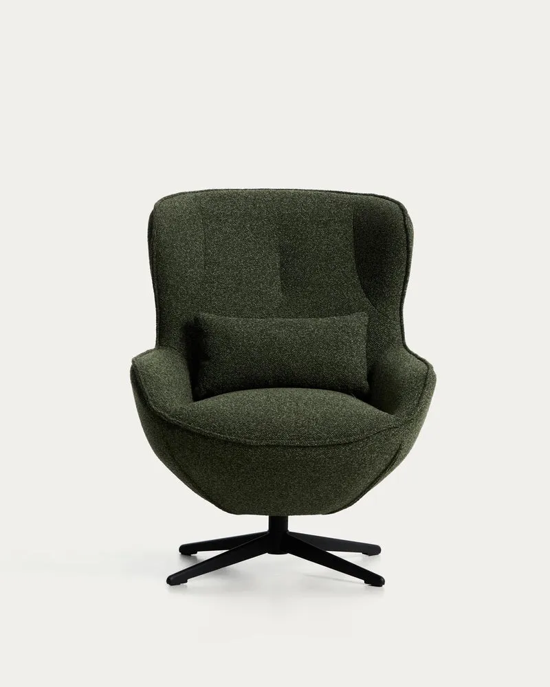 Drehsessel Sorile mit dunkelgrüner Chenille und schwarz lackiertem Stahl, FSC 100 %