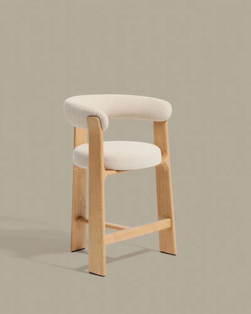 Dreibein-Hocker Granite mit beiger Chenille und massivem Eschenholz mit naturfarbenem Fini