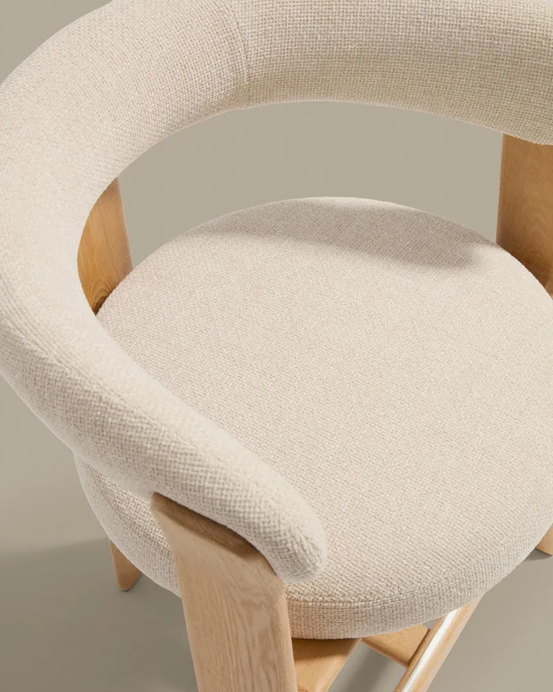 Dreibein-Hocker Granite mit beiger Chenille und massivem Eschenholz mit naturfarbenem Fini