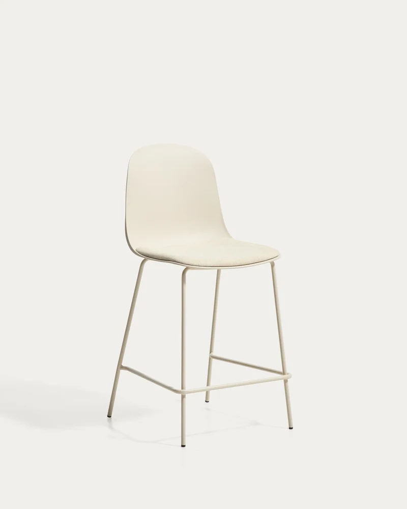 Hocker Debari mit Chenille-Kissen und Stahlbeinen mit beigem Finish, 65 cm