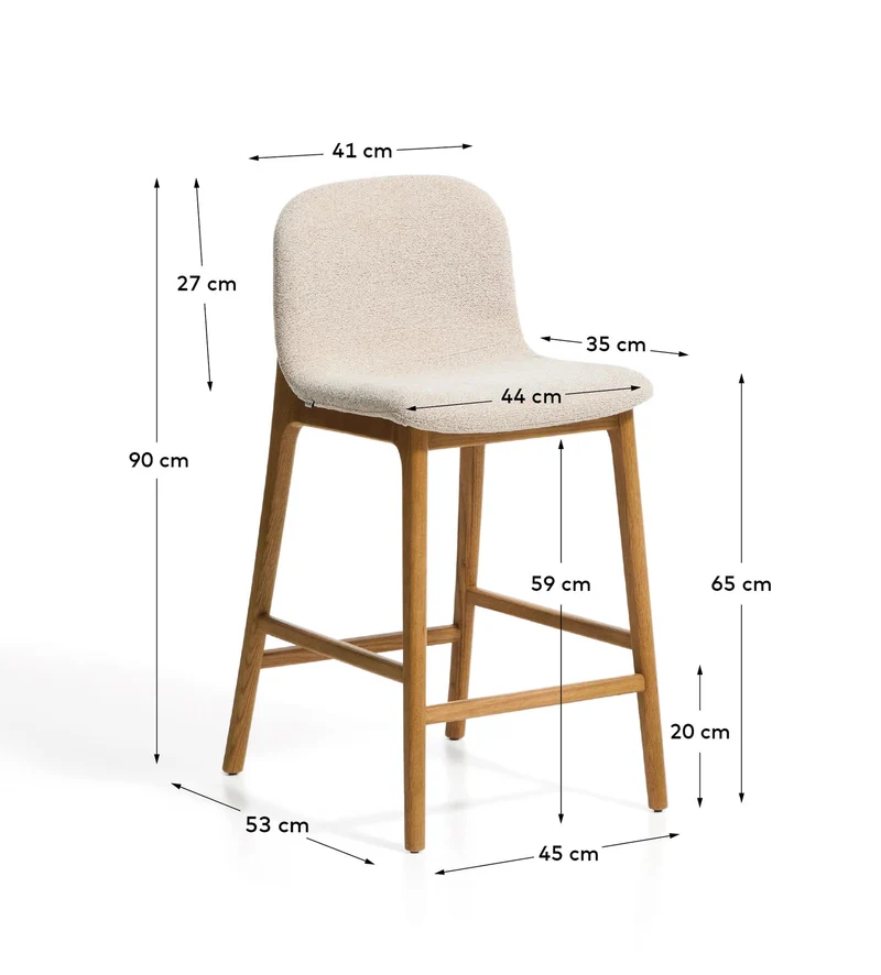 Hocker Elnor aus beiger Chenille und Beinen aus massivem Eichenholz mit Finish in natürlic