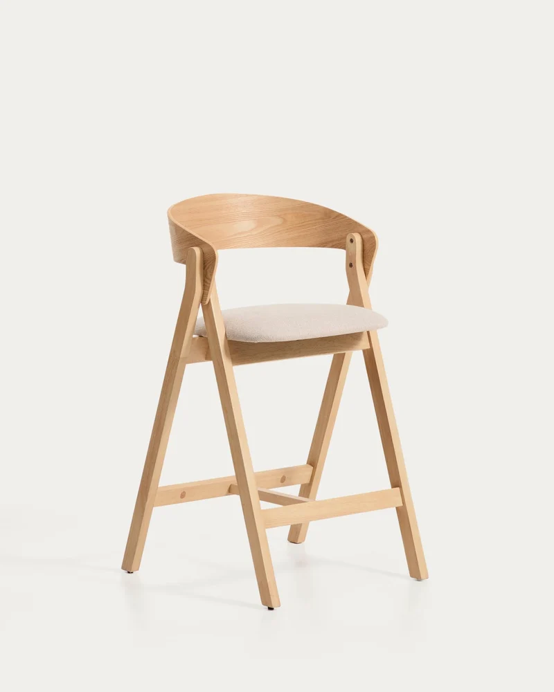Hocker Godia aus Eichenfurnier mit naturfarbenem Finish und beiger Chenille