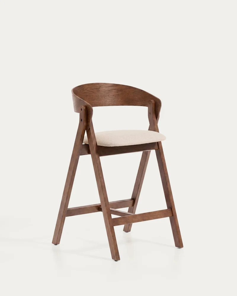Hocker Godia aus Eichenfurnier mit Nussbaumfinish und beiger Chenille