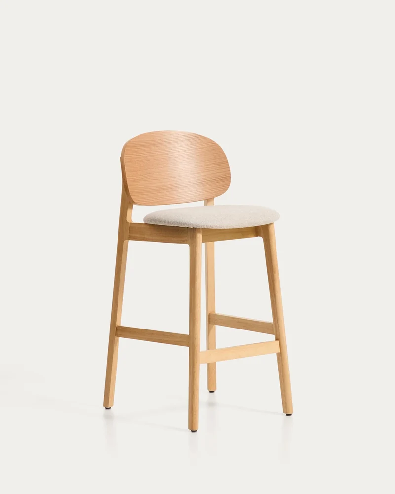 Hocker Ludara aus Eichenfurnier mit beiger Chenille, 65 cm