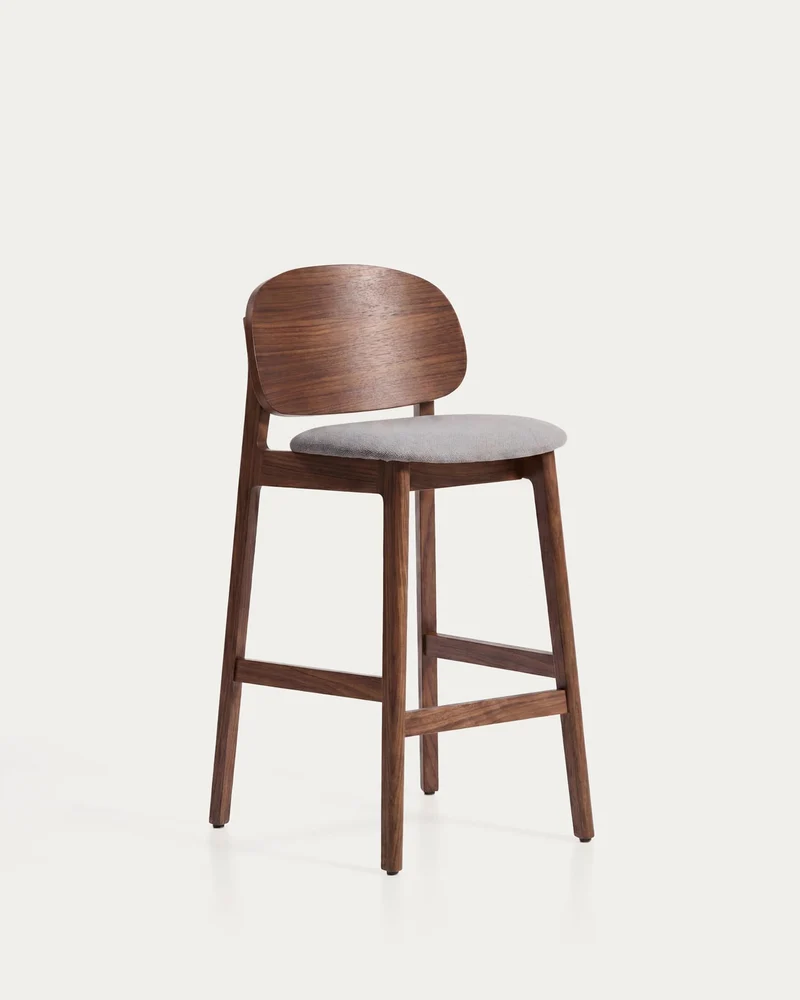Hocker Ludara aus Eichenfurnier mit Nussbaumfinish und brauner Chenille, 65 cm