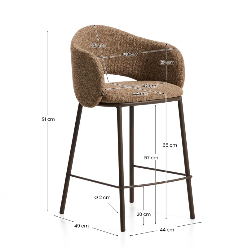 Hocker Maina aus dicker Chenille in Braun und Stahlbeinen mit brauner Beschichtung FSC Mix