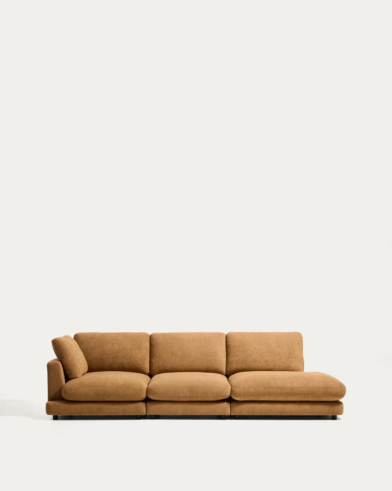 4-Sitzer-Modularsofa Gala mit Randmodul rechts aus senfgelbem Microbouclé, FSC Mix Credit,