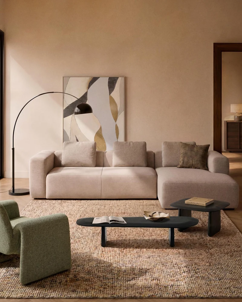 4-Sitzer-Sofa Blok mit Chaiselongue links in beiger Chenille, 330 cm, FSC Mix Credit