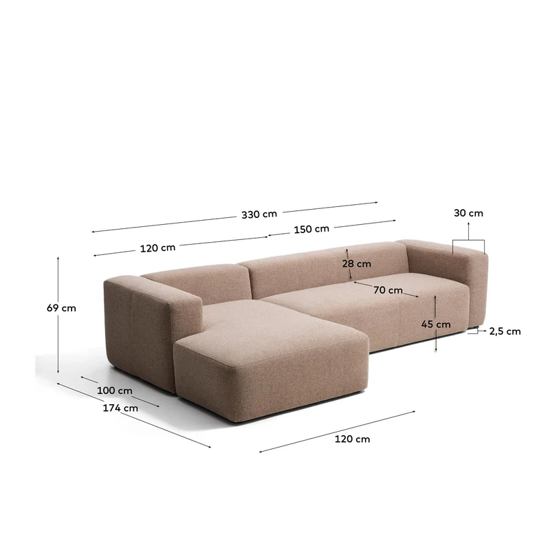 4-Sitzer-Sofa Blok mit Chaiselongue links in brauner Chenille, 330 cm, FSC Mix Credit
