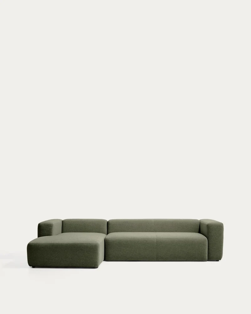 4-Sitzer-Sofa Blok mit Chaiselongue links in moosgrüner Chenille, 330 cm, FSC Mix Credit