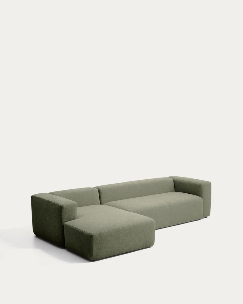 4-Sitzer-Sofa Blok mit Chaiselongue links in moosgrüner Chenille, 330 cm, FSC Mix Credit