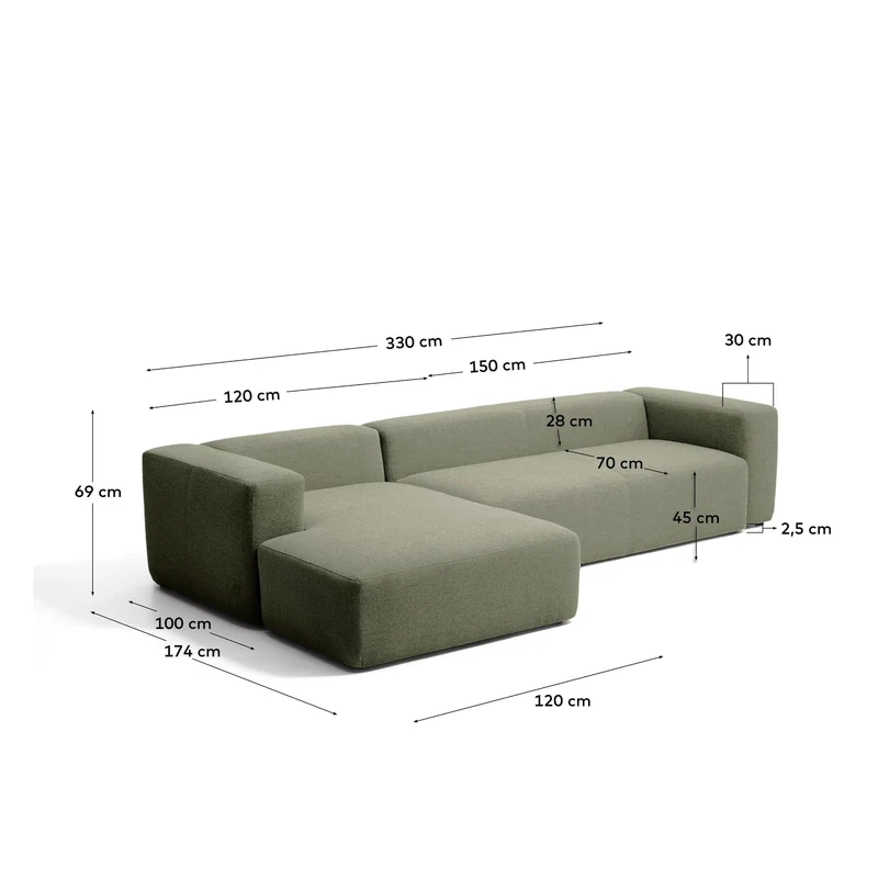 4-Sitzer-Sofa Blok mit Chaiselongue links in moosgrüner Chenille, 330 cm, FSC Mix Credit