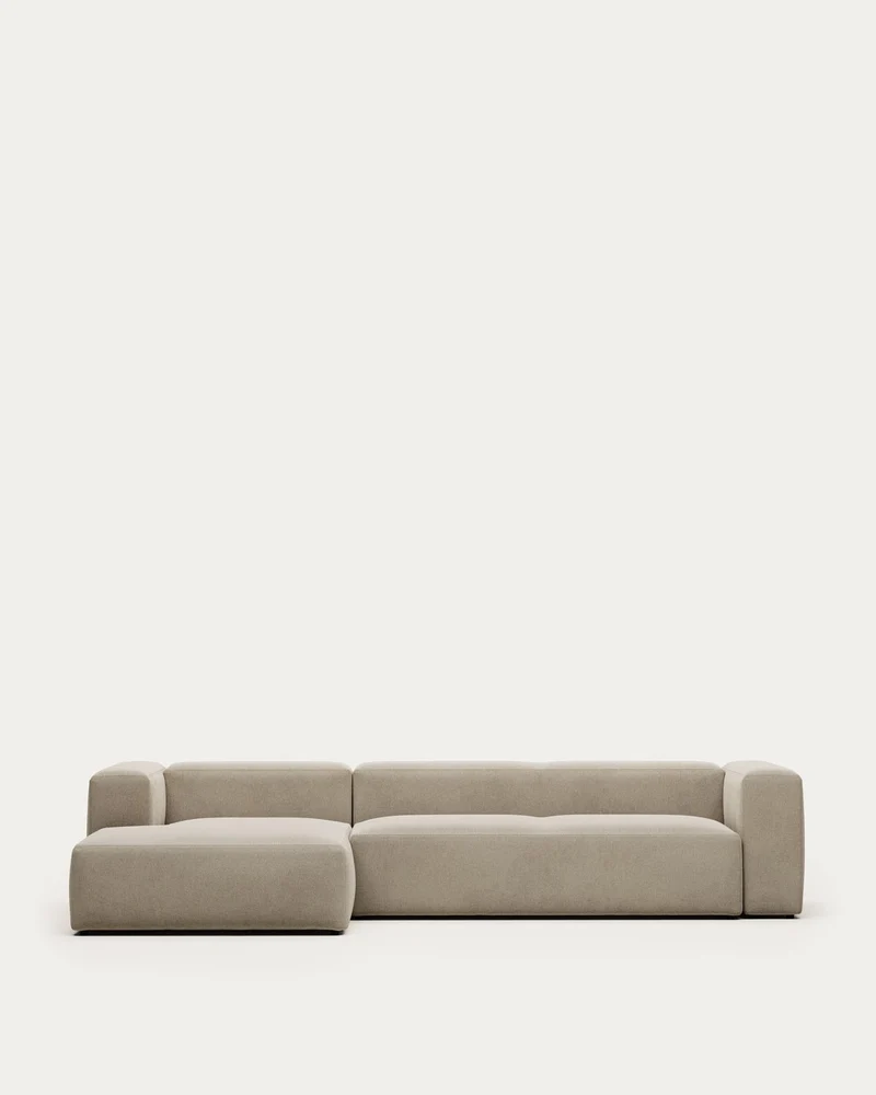 4-Sitzer-Sofa Blok mit Chaiselongue links, schwer entflammbar mit beiger Chenille, 330 cm