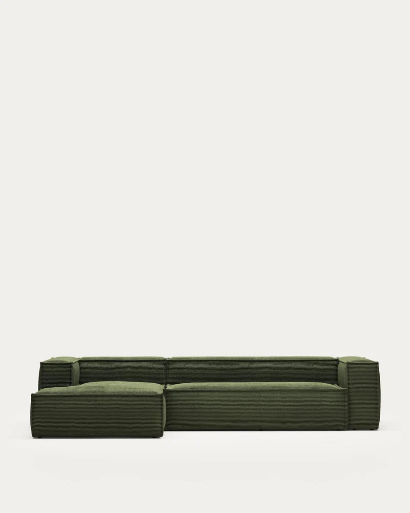 4-Sitzer-Sofa Blok mit Chaiselongue links, schwer entflammbar mit dickem, grünen Cord, 330