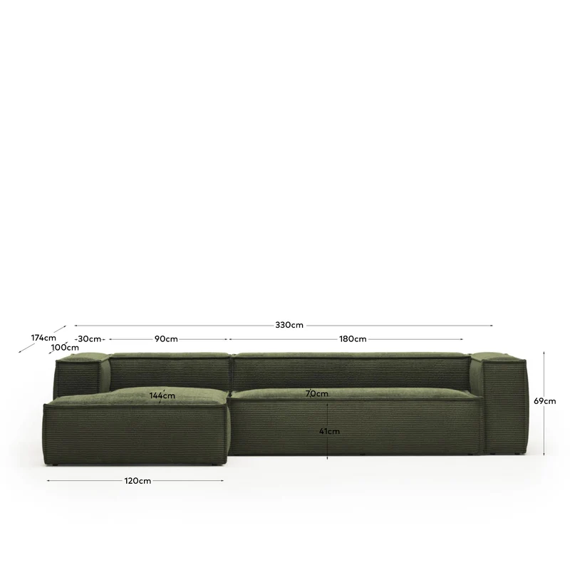 4-Sitzer-Sofa Blok mit Chaiselongue links, schwer entflammbar mit dickem, grünen Cord, 330