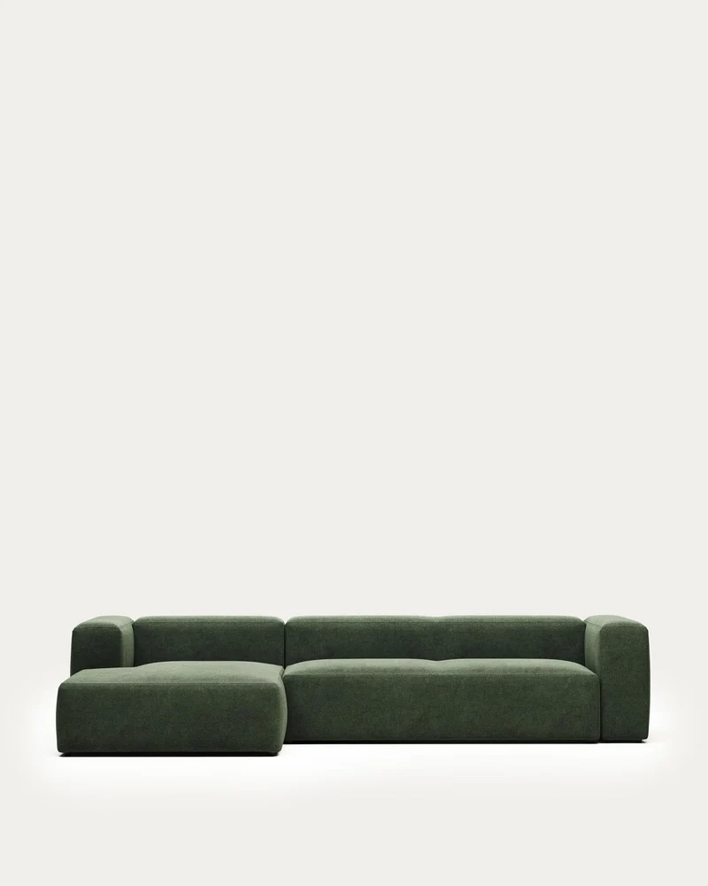 4-Sitzer-Sofa Blok mit Chaiselongue links, schwer entflammbar mit grüner Chenille, 330 cm