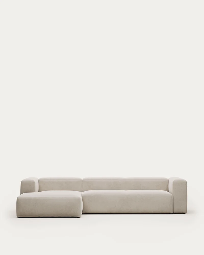 4-Sitzer-Sofa Blok mit Chaiselongue links, schwer entflammbar mit weisser Chenille, 330 cm
