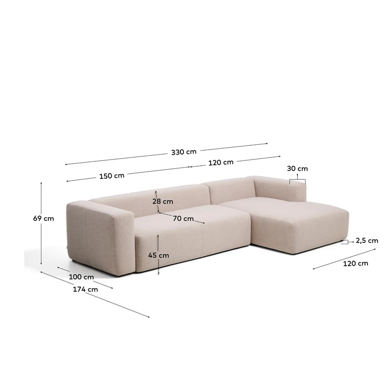 4-Sitzer-Sofa Blok mit Chaiselongue rechts in beiger Chenille, 330 cm, FSC Mix Credit