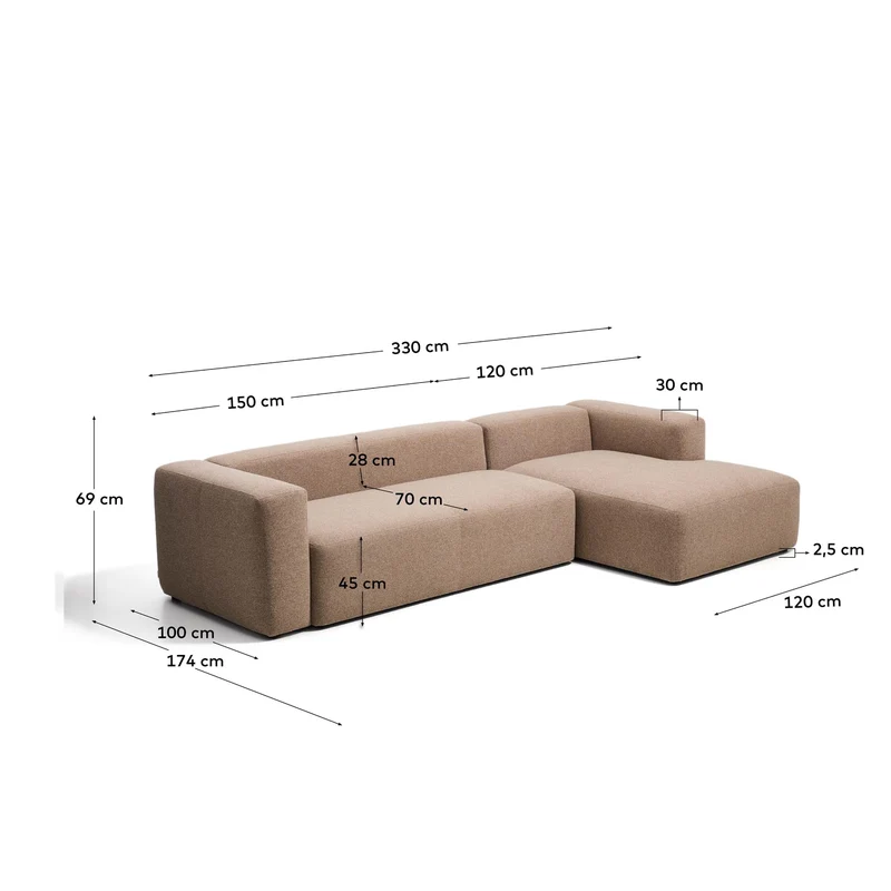 4-Sitzer-Sofa Blok mit Chaiselongue rechts in brauner Chenille, 330 cm, FSC Mix Credit