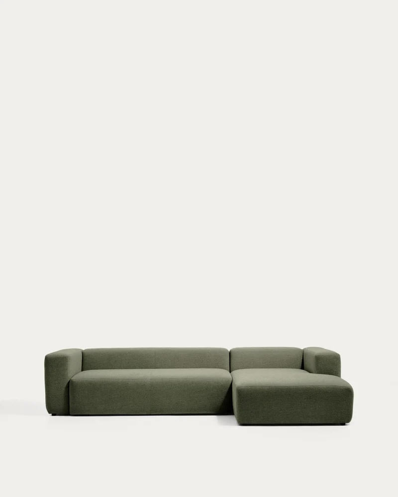 4-Sitzer-Sofa Blok mit Chaiselongue rechts in moosgrüner Chenille, 330 cm, FSC Mix Credit
