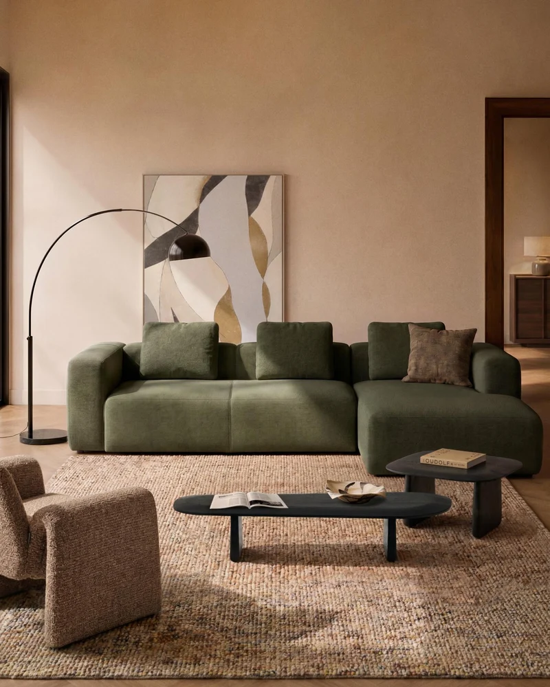 4-Sitzer-Sofa Blok mit Chaiselongue rechts in moosgrüner Chenille, 330 cm, FSC Mix Credit