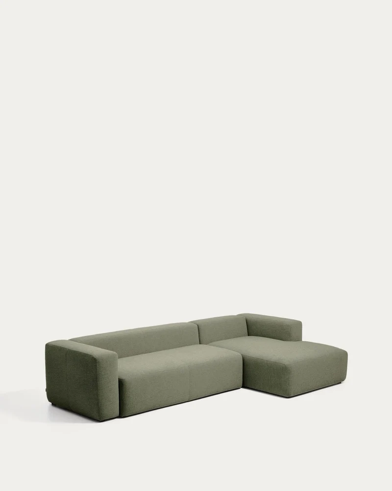 4-Sitzer-Sofa Blok mit Chaiselongue rechts in moosgrüner Chenille, 330 cm, FSC Mix Credit