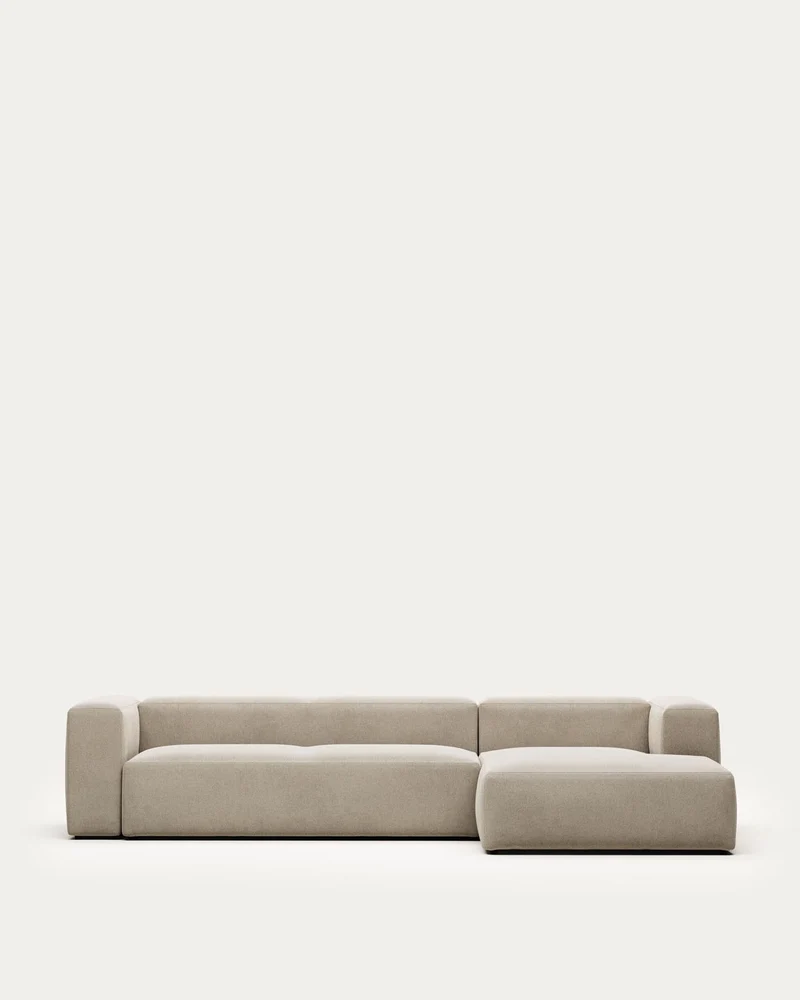 4-Sitzer-Sofa Blok mit Chaiselongue rechts, schwer entflammbar mit beiger Chenille, 330 cm