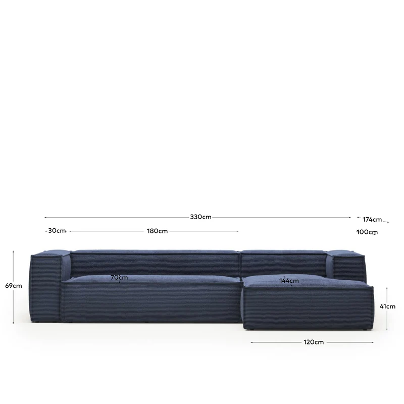 4-Sitzer-Sofa Blok mit Chaiselongue rechts, schwer entflammbar mit dickem, blauem Cord, 33