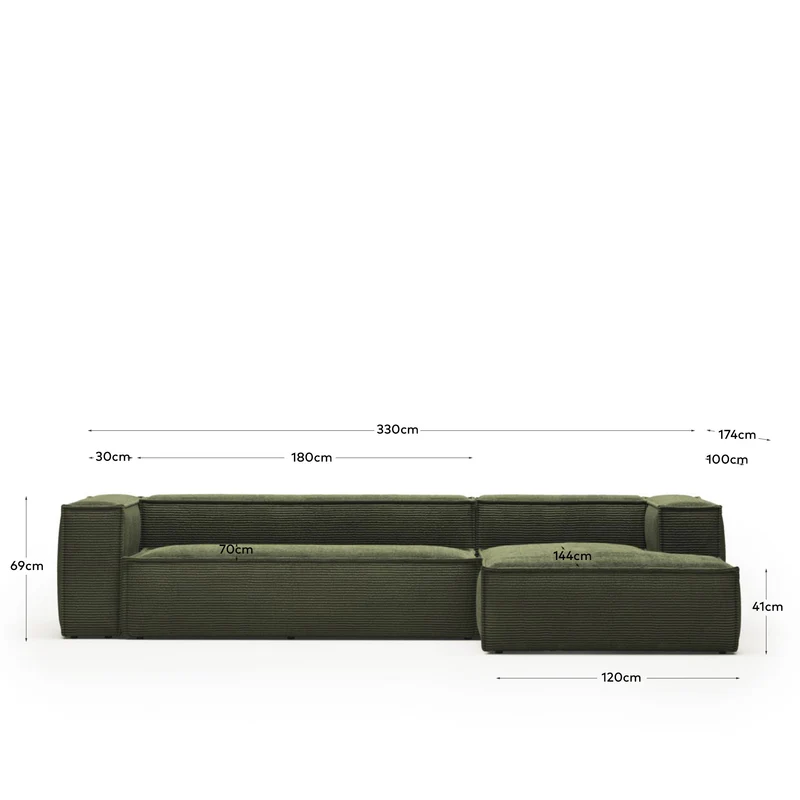 4-Sitzer-Sofa Blok mit Chaiselongue rechts, schwer entflammbar mit dickem, grünen Cord, 33