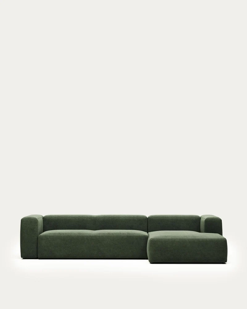 4-Sitzer-Sofa Blok mit Chaiselongue rechts, schwer entflammbar mit grüner Chenille, 330 cm