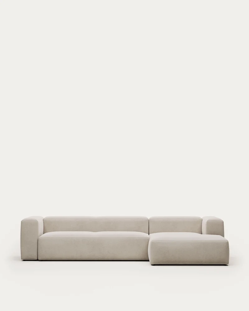 4-Sitzer-Sofa Blok mit Chaiselongue rechts, schwer entflammbar mit weisser Chenille, 330 cm