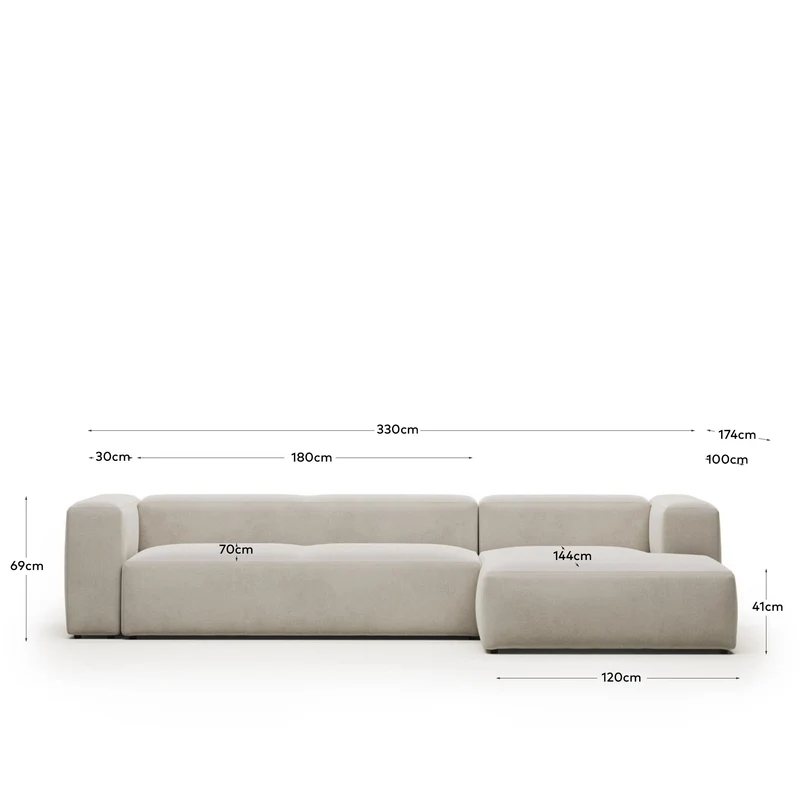 4-Sitzer-Sofa Blok mit Chaiselongue rechts, schwer entflammbar mit weisser Chenille, 330 cm