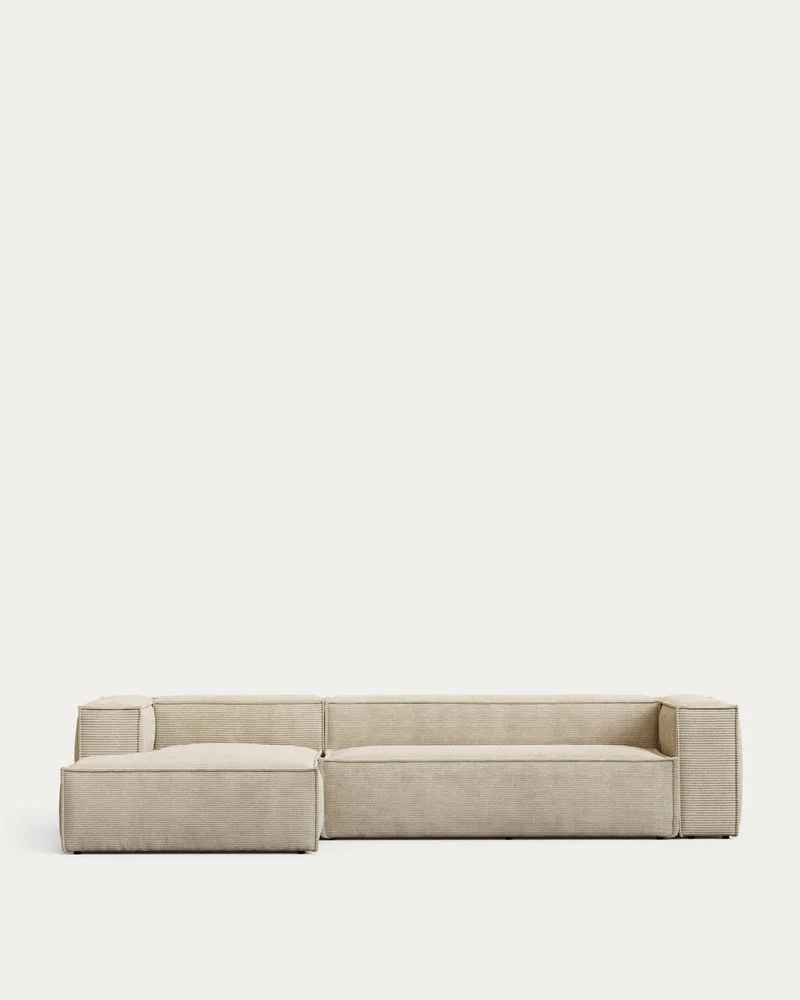 4-Sitzer-Sofa Blok schwer entflammbar mit Chaiselongue links und dickem Cord in Ecru 330 c