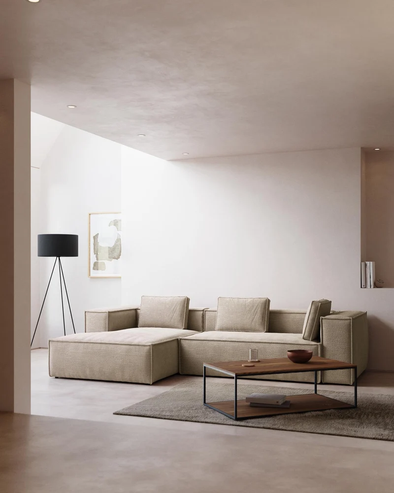 4-Sitzer-Sofa Blok schwer entflammbar mit Chaiselongue links und dickem Cord in Ecru 330 c