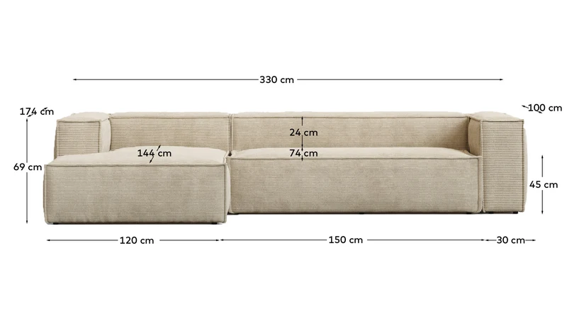 4-Sitzer-Sofa Blok schwer entflammbar mit Chaiselongue links und dickem Cord in Ecru 330 c
